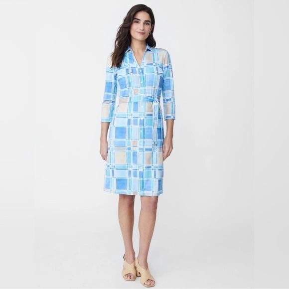 J. McLaughlin Brynn Tile Print Jersey Knit Collared V-Neck 3/4 Sleeve Dress NWT - Picture 1 of 16